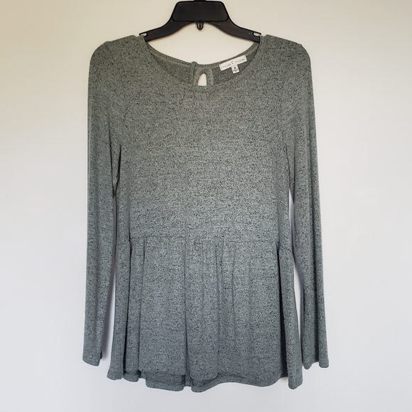 NWOT Moa Moa Green Grey Peplum Tie Back Hacci Top - Picture 3 of 5